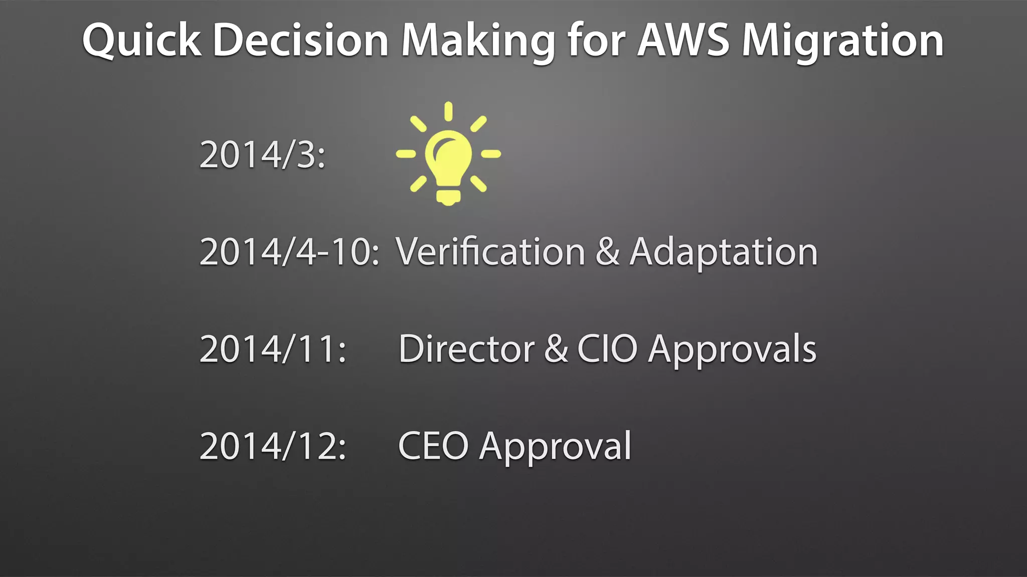 Quick Decision Making for AWS Migration
2014/3:
2014/4-10: Verification & Adaptation
2014/11: Director & CIO Approvals
2014/12: CEO Approval
 