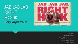 JAB JAB JAB
RIGHT
HOOK
Gary Vaynerchuk
Group:
Dinesh Konidala
Anjaly Meera Abraham
Rhea Maria James
Lenis Simon
 