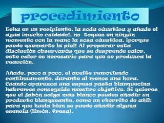 procedimientoEcha en un recipiente, la soda cáustica y añade el agua ¡mucho cuidado!, no  toques en ningún momento con la mano la sosa cáustica, ¡porque puede quemarte la piel! Al preparar esta disolución observarás que se desprende calor, este calor es necesario para que se produzca la reacción.Añade, poco a poco, el aceite removiendo continuamente, durante al menos una hora. Cuando aparezca una espesa pasta blanquecina habremos conseguido nuestro objetivo. Si quieres que el jabón salga más blanco puedes añadir un producto blanqueante, como un chorrito de añil; para que huela bien se puede añadir alguna esencia (limón, fresa). 