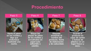 Vierta el jabón
en los moldes y
deje que
endurezca
dudrante una
noche.
Paso 5
Saque las
piezas de jabón
de los moldes y
envuélvalos en
papel auto
adherible o
celofán.
Paso 6
Etiquete
anotando el
nombre del
producto, fecha
de elaboración
y de caducidad.
Paso 7
Guarde el
producto en
cajas de cartón
o bolsas de
plástico en un
lugar fresco y
seco.
Paso 8
 