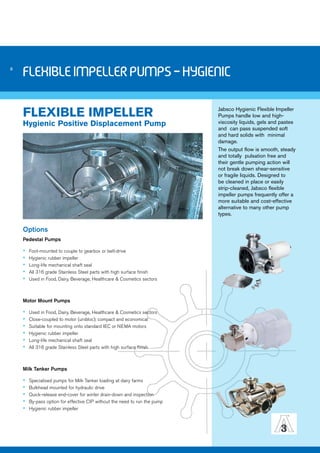 8 
FLEXIBLE IMPELLER PUMPS - HYGIENIC 
FLEXIBLE IMPELLER 
Hygienic Positive Displacement Pump 
Options 
Pedestal Pumps 
▪▪ Foot-mounted to couple to gearbox or belt-drive 
▪▪ Hygienic rubber impeller 
▪▪ Long-life mechanical shaft seal 
▪▪ All 316 grade Stainless Steel parts with high surface finish 
▪▪ Used in Food, Dairy, Beverage, Healthcare & Cosmetics sectors 
Motor Mount Pumps 
▪▪ Used in Food, Dairy, Beverage, Healthcare & Cosmetics sectors 
▪▪ Close-coupled to motor (unibloc); compact and economical 
▪▪ Suitable for mounting onto standard IEC or NEMA motors 
▪▪ Hygienic rubber impeller 
▪▪ Long-life mechanical shaft seal 
▪▪ All 316 grade Stainless Steel parts with high surface finish 
Milk Tanker Pumps 
▪▪ Specialised pumps for Milk Tanker loading at dairy farms 
▪▪ Bulkhead mounted for hydraulic drive 
▪▪ Quick-release end-cover for winter drain-down and inspection 
▪▪ By-pass option for effective CIP without the need to run the pump 
▪▪ Hygienic rubber impeller 
Jabsco Hygienic Flexible Impeller 
Pumps handle low and high-viscosity 
liquids, gels and pastes 
and can pass suspended soft 
and hard solids with minimal 
damage. 
The output flow is smooth, steady 
and totally pulsation free and 
their gentle pumping action will 
not break down shear-sensitive 
or fragile liquids. Designed to 
be cleaned in place or easily 
strip-cleaned, Jabsco flexible 
impeller pumps frequently offer a 
more suitable and cost-effective 
alternative to many other pump 
types. 
 