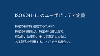 ISO 9241‑11 のユーザビリティ定義
特定の目的を達成するために、 
特定の利用者が、特定の利用状況で、 
有効性、効率性、そして満足とともに 
ある製品を利用することができる度合い。
 