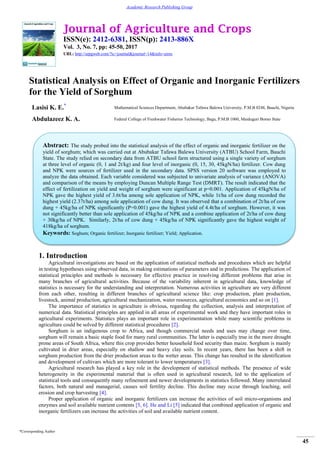 Statistical Analysis on Effect of Organic and Inorganic Fertilizers for ...
