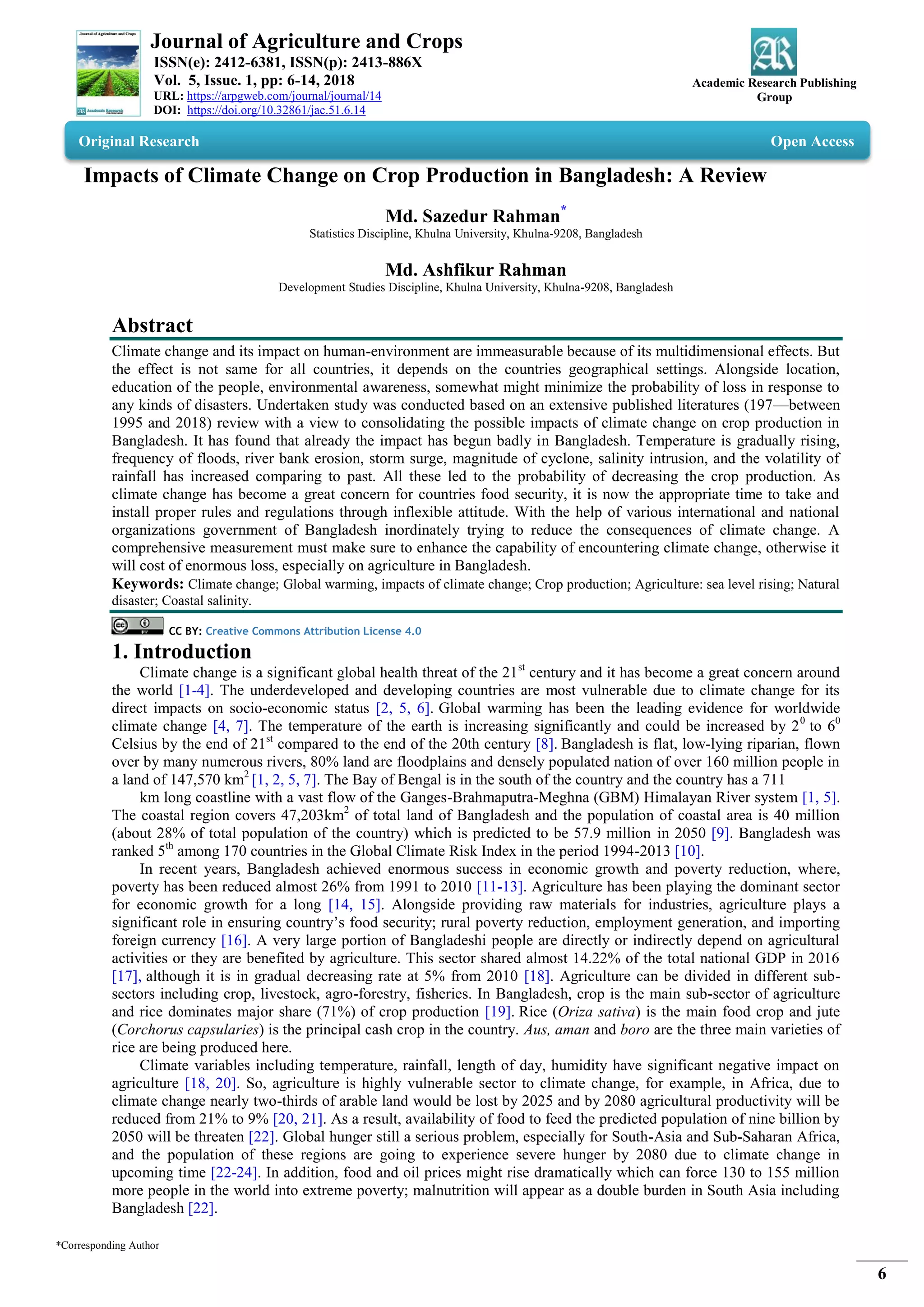 Impacts of Climate Change on Crop Production in Bangladesh: A Review | PDF