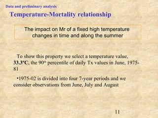 11
Data and preliminary analysis
The impact on Mr of a fixed high temperature
changes in time and along the summer
To show this property we select a temperature value,
33.3ºC, the 90th
percentile of daily Tx values in June, 1975-
81
•1975-02 is divided into four 7-year periods and we
consider observations from June, July and August
Temperature-Mortality relationship
 