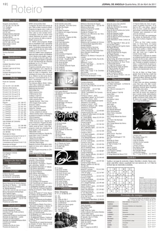 Roteiro
12|                                                                                                                                                                         JORNAL DE ANGOLA•Quarta-feira, 20 de Abril de 2011




            Hospitais                                           RNA                                       TPA 1                               Bibliotecas                                      Igrejas                                        Eventos
Hospital Josina Machel                          00H00 Jornal da Meia Noite                    06:00 Ginástica para todos            Biblioteca Nacional de Angola                  Igreja de Jesus (Sé Catedral)                O Projecto Bahia dos Sons vai apre-
222 336 346 / 222 336 349                       O programa Dia Novo inclui jornais da         06:30 Educativo - A Era dos Genes     Rua Comandante Gika .... 222 326 769           Largo do Palácio nº 12                       sentar na próxima terça-feira, 19 de
S.O. Pediatria                                  hora: 1h00 as 4h00 e termina às 05h00.        07:00 Bom Dia Angola                  Biblioteca Municipal                           Igreja dos Remédios (Sé Velha)               Abril de 2011, uma edição especial
222 339 888                                     Programa de ligação entre a noite e o         10:00 10 - 12                         Governo Provincial de Luanda                   Rua Rainha Ginga                             Artes ao Vivo, a partir das 20h30m,
Hospital Pediátrico                                                                           12:00 Diário Desportivo               Biblioteca Camões                              Igreja de Nossa Senhora do Carmo             apresentado e promovido pelo Lukeny
                                                dia. Inclui conversas ao telefone c/ ou-                                                                                           Largo do Carmo
222 391 442                                     vintes sobre os mais variados temas,          12:15 Noticias em Línguas Nacionais   Avenida de Portugal nº 50                                                                   Fortunato, para comemorar os sete
Hospital Américo Boavida                                                                      13:00 Texturas                        Biblioteca do Ministério das Rela-             Igreja da Sagrada Família                    anos de existência.
                                                curiosidades, temas de carácter sócio                                                                                              Largo da Sagrada Família
222 380 118 / 222 380 119                                                                     13:30 Jornal da Tarde                 ções Exteriores                                                                             O evento vai contar com a participação
Hospital Militar                                cultural. Momentos de poesia e espa-          14:30 Telenovela - Páginas da Vida    Rua Major Kanhangulo                           Igreja de Nossa Senhora da Nazaré            dos artistas do Movimento Lev’Arte,
222 322 315 / 222 322 316                       ços com músicas de todas as épocas.           15:30 Diário Desportivo               Biblioteca Óscar Ribas                         Largo do Ambiente                            União dos Escritores Angolanos entre
                                                05H00 Jornal da Hora                          15:50 Nsimbote                                                                       Igreja Metodista Unida Central de
Hospital do Prenda                                                                                                                  Bairro do Cruzeiro                             Luanda                                       outros.
222 351 300 / 222 351 400                       CÓ- RÁDIO (micro-programa dirigido            16:00 Flash Informativo               Biblioteca da Faculdade de Ciências                                                         O “Artes ao Vivo” realiza eventos
                                                para as comunidades rurais e que aborda                                                                                            4 R/C Rev Agostinho P. Neto, por de-
Maternidade Central                                                                           16:08 Janela Aberta                   da Universidade Agostinho Neto                 trás do Hotel Trópico                        todas às Terças-Feiras, no Espaço
222 323 052                                     temas ligados aos cuidados básicos de         18:00 Flash Informativo               Avenida Marginal                               Igreja Evangélica do Espírito Santo          Bahia, em Luanda. É um evento com
                                                saúde e as iniciativas locais para melho-     18:10 Diário Desportivo               Arquivo Histórico Nacional                     Rua Ngola Kiluangi                           microfone aberto para a poesia, spoken
         Ambulância                             rar a qualidade de vida nas zonas rurais)     18:30 Ventos & Sopros                 Rua Pedro Félix Machado, 49                    Igreja Kimbanguista                          word, prosa poética e debates. Tem
                                                Emitido às 2ª, 4ª e 6ªs Feiras                19:00 Ecos e Factos                   Centro Cultural Dr. Agostinho Neto             Largo Albano Machado                         como apresentador o Lukeny Fortu-
Serviço Nacional                                A VOZ DO CAMPO ( micro- programa di-          19:50 Luanda                          Bairro Operário (Sambizanga)                   Igreja Presbiteriana de Angola               nato, que conta com o suporte da
116                                             rigido para todos aqueles que trabalham       20:00 Economia & Negócios             Rua H 44/46                                    Rua Ngola Kiluangi                           Eclectic Groove Band.
                                                a terra. Aborda temas ligados à agricul-      20:30 Telejornal                      Biblioteca da Alliance Française de            Igreja Adventista do 7º Dia                  A iniciativa tem o objectivo de manter
          Bombeiros                             tura e pecuária, técnicas de cultivo, solu-   21:30 Telenovela - Páginas da Vida    Luanda                                         Rua Rei Katiavala                            um ambiente positivo entre as pessoas
                                                                                              22:30 Seriado - Hospital Infantil     Largo da Sagrada Família, Rua do Bo-           Igreja Evang. dos Irmãos em Angola           (amantes da arte ou não), cultivar e au-
Posto de Comando                                ções para problemas ligados à agricultura     23:30 Conversas no Quintal                                                           Rua Bento Banha Cardoso nº 29
                                                                                                                                    cage nº 12                                                                                  mentar mais a comunicação através da
115                                             no país com intervenção das emissoras         24:00 Jornal da Noite                 Biblioteca “Zé-Du”                             Igreja Assembleia de Deus Pente-             arte. Pretende-se também, incentivar a
Unidade Operativa Central                       provinciais.) às 3ªs e 5ªs feiras.            24:30 Janela Aberta                   R Francº Sotto Mayor ....... 222 354 773       costal do Maculusso                          leitura, o conhecimento da poesia an-
                                                05H30 HORA CERTA                              02:30 O Mundo animal da Toyota        Biblioteca da UEA                              Av. Cmdt Che Guevara nº 104                  golana, resgatar e acrescentar valores
222 323 333                                     Programa produzido pelas Forças ar-                                                                                                Igreja Metodista Unida da Bethel
                                                                                              03:00 Telejornal                      Sede da UEA                                                                                 culturais, estando neste momento a tra-
Unidade Especial do Porto                       madas Angolanas com o objectivo de            04:00 Desportoz                       Biblioteca Kilamba                             Av. Hoji Ya Henda, 98 Zona 5                 balhar como impulsionador da Poesia.
222 310 656                                     consolidar a unidade nacional, reconci-       05:30 Laboratório da Ciência          Bairro Golfe, Largo 17 de Setembro             Igreja Baptista de Luanda
                                                                                                                                                                                   Av. Deolinda Rodrigues                       Dia oito de Maio, no Elinga Teatro,
Unidade Municipal de Viana                      liação de todos os Angolanos. Inclui                                                (Avô Kumbi)                                    Igreja Teosófica Espírita
222 290 540                                     abordagem de temas como: reinserção                                                 Biblioteca do CEFOJOR                          Rua Transp. Miranda Henriques, Lotes dos     grande show de hip-hop, a partir das
                                                de ex- militares na vida social, desmo-                                             Rua Ferreira do Amaral nº 77/ R/c              prédios dos Cubanos.                         16h00, um evento especial para apre-
               Polícia                          bilização e reassentamento de ex- mi-                                                                                                                                           sentação do álbum “Reflexão” do artista
                                                litares, desminagem e outros passos                                                           Farmácias                                     Discotecas                          WK e ainda a colectânea intitulada “Fi-
                                                para paz em Angola.                                                                                                                                                             lhos da Rez”.
Posto de Comando                                                                                                                    Farmácia Alameda                               Clube Dom Quixote                            O show conta com artistas convidados
113                                             Três emissões diárias: 05h30, 12h05 e                                                                                              Rua Major Kanhangulo - ex-Direita de
                                                                                                                                    254 Al. M. Van-Dúnem                                                                        como: Nice zulu e Bc, AM e Levell,
                                                19h10. Não é emitido aos sábados.                                                   222 430 293 / 222 446 240 / 222 447 554        Luanda nº 63/65                              Flysquad, Mona dya Kidi, San Caleia,
222 332 301 / 222 330 895
                                                06h00 Manhã Informativa                                                             Farmácia Alex                                  Contencioso                                  Alkimistas, Kamesu, Mono, Organoyd
Números Alternativos                            09h00 Agenda Nacional                                     TPA 2                     R. Comdt Gika ..... 222 327 960                Rua Cirilo da Conceição nº 9                 SS, Muralha entre outros.
912 64 07 53 / 912 64 07 34                     09h30 Rádio Piô                                                                     Farmácia Maculusso                             Brasília                                     O hip-hop, sendo uma cultura ampla
912 64 07 78 / 912 64 07 73                     10h00 Jornal da Hora                          6:30 Espaço Musical
                                                                                              7:00 Notícias em Línguas Nacionais    72/B Av. Comandante Che Guevara                Rua da Samba nº 156/158                      para além da música rap, prepara-se
912 64 07 49 / 912 64 07 38                     11h00Jornal da Hora                           8:00 Kidybué                          222 322 442                                    Xeque Mate                                   para o mesmo evento, representações
912 64 07 58 / 912 64 07 77                     Continua o expresso                           9:30 Tchilar                          Farmácia Central 1 24/24                       Rua Amilcar Cabral                           de outros elementos desta cultura como
                                                11h58 Final do expresso                       11:00 Acorrentada                     Largo Amilcar Cabral nº 16 / 914 52 6917       Xavarotti                                    grafites com Bruno Graff e Kwita, além
Unidade Operativa de Luanda                                                                                                         Farmácia Central 2 24/24                                                                    de dança com o grupo 3ª Divisão e o
                                                12h00 Jornal da Hora                          12:00 Flash                                                                          Rua Amilcar Cabral
222 260 485                                     - Agenda Nacional - Hora Certa                12:30 Primeiro Jornal                 Rua 21 de Janeiro Rotunda do Gamek             Kilamba                                      som a cargo do dj Nkkappa.
Piquete ......................... 222 260 472   12h35 Angola Ponto a ponto                    13:00 Morangos com Açúcar             Telemóvel nº 914 526928                        Rua de Gaia B3
1ª Esquadra ............... 222 339 601         Jornal das regiões.                           14:00 Dia A Dia                       Farmácia Central 3 24/24                       Boite Adão
                                                12h57 Leitura de Emissores                    16:00 Hora Quente                     R Direita da Samba nº 586 - Samba              Rua da Missão
2ª Esquadra ............... 222 442 415                                                       17:00 Morangos com Açúcar             Telemóvel nº 914526928
                                                12h58 Pré- Sintonia                                                                                                                Marítimo da Ílha
3ª Esquadra ............... 222 441 486                                                       18:00 Tchilar                         Farmácia Girassol                              Rua Murtala Muhamed
4ª Esquadra ............... 222 339 604         13h00 Jornal da Actualidade                                                         165 R. Rei Katyavala ....... 222 449 895
                                                - Serviço completo de notícias                                                                                                     Boite Animatógrafo
5ª Esquadra ............... 222 382 966                                                                                             Farmácia Desta Vez, Lda                        Bairro Patrice Lumumba
                                                - Diário Económico (flash c/ informações                                            R. Oliveira Bº Nelito Soares 222 266 388
6ª Esquadra ............... 222 261 806         económicas de Angola e no Mundo).                                                                                                  Paldisomar
                                                                                                                                    Farmácia Egiwal                                Rua Cónego Manuel das Neves
7ª Esquadra ............... 222 262 372         13h30 Desportivo                                                                    Av. Comdt Valódia - Viana 222 291 074          Zorba
8ª Esquadra ............... 222 351 896         14h00 Hora de Relaxe                                                                Farmácia Higiene                               Rua Pedro Félix Machado
Sub-Unidade da Camuxiba                          15h00 Jornal da Hora / Agenda Na-                                                  206 R Cmdt Kwenha ........ 222 332 827         Copacabana
                                                cional / Panorama- Programa de deba-          19:30 Acorrentada                     Farmácia Idasia                                Rua Cónego Manuel das Neves
222 352 382                                                                                                                         Av. Ho Chi Min ................ 222 326 762
                                                tes, entrevistas e grandes reportagens.       20:30 Flash                                                                          Maiombe
9ª Esquadra ............... 222 380 900         16h00 Jornal da Hora / Tarde Total -          21:00 Hora Quente                     Farmácia Ingombotas
                                                                                                                                    38 R. Guilherme Inglês... 222 333 278          Rua Olivença
10ª Esquadra ............... 222 264 859        programa virado para abordagem de             22:00 Jornal Nacional                                                                Catedral
Sub-Unidade Hoji Ya Henda                       temas ligados à vida dos jovens.              23:00 Treinador de Bancada            Farmácia Janeiro
                                                                                                                                    131 Av. 4 Fevereiro .......... 222 332 260     Bairro Petrangol
                                                                                              0:00 Flash
222 380 806
Município de Viana
                                                18h00 Rádio Jornal
                                                19h00 Resumo Noticioso / Agenda Na-           1:00 Dia A Dia                        Farmácia Janica                                Paladar
                                                                                                                                                                                   Bairro Precol - Rua Azul                                  Livrarias
                                                                                              3:00 Acorrentada                      11, R. Guerra Junqueiro .... 222 446 567
Comandante da Divisão 914 04 10 71              cional /Hora Certa (3ª emissão)               4:00 Tchilar                          Farmácia Kianda                                Mega Bingo                                   Livraria Lello
                                                19h45 Ditos na Imprensa                       5:30 Treinador de Bancada             71 Av. Murtala Mohamed .. 222 309 455          Rua Major Kanhangulo nº 155                  Rua Rainha Ginga 1/13
2º Comandante 914 04 11 27                       20h00Jornal da Noite                                                                                                              Múcua                                        Livraria Mestria
                                                                                                                                    Farmácia Kinaxixi
Município da Ingombota                          20h30 Desportivo (Rádio Cinco)                         TV ZIMBO                     25 r/c Av. Cmdt Valódia ... 222 449 443        Município de Viana                           Largo do Kinaxixe
Comandante da Divisão 914 04 11 03              21h00 Boa Noite Angola                                                              Farmácia Lanesa                                Sêngula Mucuaxi                              Livraria Chá de Caxinde
                                                                                              06:15 Planeta em Forma                                                               Bº Hoji Ya Henda nº 28                       Cine Nacional
Município do Rangel                             Magazine nocturno virado para a abor-         07:00 Jornal da Manhã                 343 r/c Av. Ho Chi Min ..... 222 445 926
                                                dagem de temas sócio- culturais e en-                                               Farmácia Luanda                                Pimenta                                      Livraria Técnica
Comandante da Divisão 914 04 10 83                                                            07:15 Kids Club                                                                      Vila de Cacuaco                              Rua Rainha Ginga
                                                tretenimento.                                 09:00 Noddy                           35/37 R. Aníbal de Melo.... 222 445 490
                                                                                                                                                                                                                                Sá da Bandeira
                DNIC                            Boa Noite Angola inclui jornais às 22h e                                            Farmácia Luvofer
                                                                                                                                    Av. Hoji Ya Henda ............ 222 430 087
                                                                                                                                                                                   Pitanga Madura
                                                                                                                                                                                   Feira Popular (Catetão)                      Rua Salvador Allende
                                                23h00.                                                                                                                                                                          Livraria Mensagem
Investigação Criminal                                                                                                               Farmácia Mediang                               Clube Montana
                                                00H00 Jornal da Meia-Noite                                                                                                                                                      Rua 1º Cong. do MPLA ... 222 370 929
                                                                                                                                    55/A R. Liga Nac Africana . 222 440 517        R Cónego Manuel das Neves nº 414
                                                             Rádio 5
222 261 276
Piquete                                                                                                                             Farmácia Modelo
222 261 981                                     5.00 Abertura / Noticias / Destaques
                                                                                                                                    Al. Manuel Van-Dúnem ..... 222 449 449                                             Sudoko
                                                                                                                                    Farmácia Novassol
   Inspecção das Act.                           nacionais e internacionais.                                                         69A Av. Portugal ........ ...... 222 391 502   Sudoku é um jogo de raciocínio e lógica. Divertido e viciante. Basta com-
                                                05.30 Ginastica na Rádio
      Económicas                                06.00 Notícias / Destaques / Reporta-
                                                                                                                                    Farmácia Pague Menos                           pletar cada linha, coluna e quadrado 3x3 com números de 1 a 9. Não há
                                                                                                                                    Mirantes Talatona 222 460 502                  nenhum tipo de matemática envolvida.
Piquete                                         gem, entrevistas, noticias.                                                         222 460 416
                                                06.30 Boletim Informativo (1ª edição).                                              Farmácia Provifarma
222 336 693                                     07.00 Síntese Informativa.                    09:15 Oprah
                                                                                              10:00 Sexto Sentido                   Aviário Bº Cazenga ........ 912 412 959
             INADEC
                                                07.05 Desenvolvimento da actualidade.
                                                07.30 Top de Noticias.                        12:00 Prolongamento                   Farmácia Rainha Ginga
                                                08.00 Síntese Informativa.                    13:00 Quem sai aos seus               179 R. Rª Ginga ................ 222 337 997
Instituto Nacional                                                                                                                  Farmácia Romed
de Defesa do Consumidor                         09.15 Corresp. com a Antena -1                13:30 Jornal da Tarde
                                                09.30 às 11.30 Top de Noticias.               14:00 Hora da Lei                     27 R. Rei Katyavala ........ 222 447 175
222 40 98 05 / 222 40 98 04                                                                   15:00 Zimbando                        Farmácia Sadia                                                                                           Solução
                                                12.00 Jornal Síntese.
                                                                                                                                    31 Av. Comdt Valódia ........ 222 430 284
              Museus                            12.30 Ponto à Ponto
                                                12.45 Destaques do Desportivo.
                                                                                              18:00 Planeta em Forma
                                                                                              18:45 Sexto Sentido                   Farmácia Sagrada SOS
Museu Nacional de História Natural              13.00 Transmissão em cadeias com a            20:30 Jornal da Noite                 61 R. Joaquim Kapango ....222 395 468
Rua Nossa Srª Muxima ..... 222 334 055          R.N.A. do Jornal da Tarde.                    21:30 Filme - Mar de chamas           Farmácia Serra
Museu das Forças Armadas                        13.30 Magazine Desportivo, em Cadeia.         23:45 Últimas Notícias                62/64 R. Amílcar Cabral .....222 394 047
Av. Murtala Mohamed                             14.40 Temas de Formação Desportiva,
                                                História do Desporto, Onda Olímpica
                                                                                                        Cinemas                     Farmácia Tropical
                                                                                                                                    Pedro Félix Machado ..... 222 334 862
222 371 451 / 222 372 128 / 222 372 623
Museu Nacional de Antropologia                  (3ª e 5ª feira).
                                                História de Futebol (2ª Feira), Regras
                                                                                              Belas Shopping                        Farmácia Universal
                                                                                                                                    R. Cón. Manuel Neves ..... 222 442 052
Rua Frederick Engels                                                                          De 15 a 21 de Abril de 2011
Museu Nacional da Escravatura                   de Futebol e de basquetebol (4º Feira,
                                                quinzenalmente) e História de basque-         S01 Rio
                                                                                                                                    Farmácia Valódia
                                                                                                                                    42 Av. Hoji Ya Henda ....... 923 324 291                               Previsão do tempo
15 Km a Sul de Luanda, para lá do Mercado
doArtesanato do Benfica ....... 222 371 743     tebol (6ª Feira).                             S02 Hop                               Farmácia Yohan                                                                       Previsão do tempo nas próximas 24 horas
Museu do Dundo                                  15.05 Desenvolvimento da Actualidade.         S02 Tropa de Elite 2                  1Tv.21JaneiroBºMorroBento 222405655                                                das 12 horas do dia 19 às 12 horas do dia 20
                                                15.30 às 18.00 Top de Noticias/ Síntese       S03 A rapariga do capuz vermelho
Província da Lunda-Norte
                                                                                                                                                  Teatro                            BENGUELA                  Muito Nublado com aguaceiros               max 29 º min 20º
                                                Informativa.                                  S04 O profissional
                                                18.40 Programa Ribalta (Terça-feira )         S05 Engana-me que eu gosto                                                            CABINDA
           Fortalezas
                                                                                                                                                                                                              Trovoadas                                  max 28 º min 23º
                                                - Memórias Conquistas e Glórias( 4ª           S06 Época das bruxas                  Teatro Avenida                                  CUITO CUANAVALE           Céu pouco Nublado com tempestades          max 33 º min 17º
                                                feira) História dos Clubes ( 5ª feira )       S06 E a noite a cair                  Rua Rainha Ginga
Fortaleza de São Miguel                         - Auditório Público (2ª e 6ª-feiras )                                               Elinga Teatro                                   HUAMBO                    Trovoadas                                  max 22 º min 16º
Avenida Marginal de Luanda                                                                    S07 Agente disfarçado
                                                20.00 Transmissão em cadeias com a            S08 London Boulevard                  Largo Tristão da Cunha                          KUITO                     Trovoadas                                  max 22 º min 15º
Fortaleza de São Pedro da Barra                 R.N.A. do Jornal da Noite.                                                          Centro Cultural e Recreativo Kilamba            LUANDA                    Aguaceiro                                  max 27 º min 23º
Bairro Petrangol                                20.30 Magazine em Cadeia Nacional.                                                  Rua B3 Nelito Soares                            LUBANGO                   Céu geralmente Limpo                       max 27 º min 11º
Fortaleza do Penedo ou Casa Reclusão            21.00 Pausa Musical.                                                                Centro Cultural Dr Agostinho Neto
Município da Ingombota - Luanda                                                                                                     Bº Operário, Rua H nº 44/46                     LUENA                     Trovoadas                                  max 23 º min 16º
                                                21.30 Magazines Debates: Futebol no
Fortaleza de Massangano                         Estúdio (2ª feira) Tribuna dos Despor-                                              Rui de Carvalho                                 MALANGE                   Chuvas                                     max 25 º min 16º
Município de Cambambe/Kwanza-Norte              tos (3ª feira )                                                                     Rádio Nacional de Angola                        NAMIBE                    Céu geralmente Limpo                       max 26 º min 16º
Fortaleza da Quibala                            - Transmissão de Futebol Internacional                                              Salão da LAASP                                  SOYO                      Trovoadas                                  max 29 º min 23º
Kwanza-Sul                                      ou Debates (5ª-feira)- Bola ao Cesto                                                Rua da Liga Africana
Fortaleza da Vila do Seles                      (5ª-feira) Consultório ( 6ª feira)                                                  Nacional                                        SUMBE                     Chuvas                                     max 27 º min 22º
Província do Kwanza-Sul                         00.00 Encerramento                                                                  Rua 1º Congresso do MPLA                        UÍGE                      Trovoadas                                  max 28 º min 19 º
 
