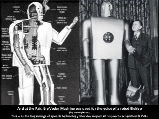 And at the Fair, the Voder Machine was used for the voice of a robot Elektro
(by Westinghouse)

This was the beginnings of...