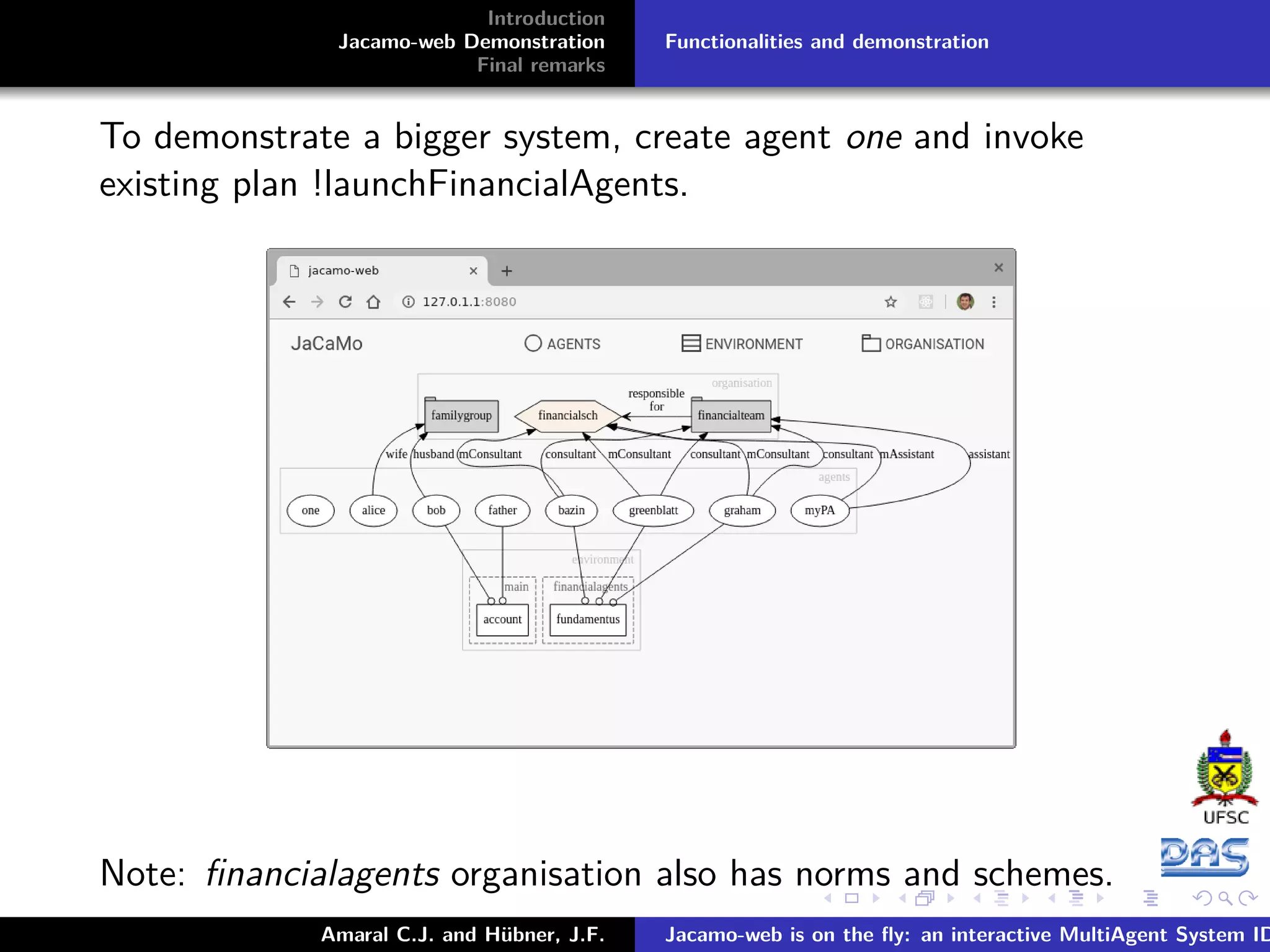 Introduction Jacamo-web Demonstration Final remarks Functionalities and demonstration To demonstrate a bigger system, create agent one and invoke existing plan !launchFinancialAgents. Note: ﬁnancialagents organisation also has norms and schemes. Amaral C.J. and Hübner, J.F. Jacamo-web is on the ﬂy: an interactive MultiAgent System ID 
