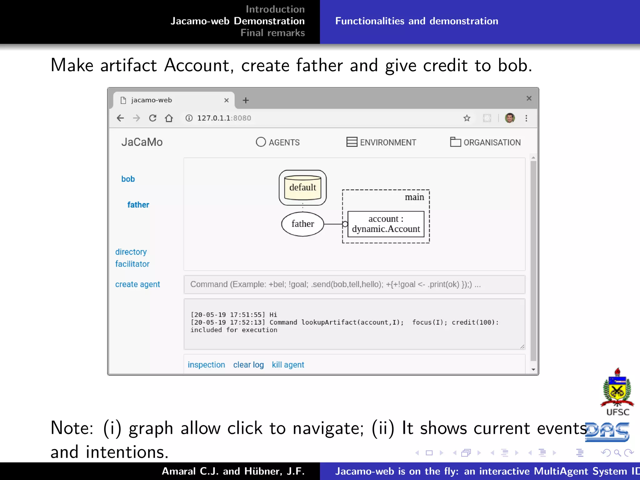 Introduction Jacamo-web Demonstration Final remarks Functionalities and demonstration Make artifact Account, create father and give credit to bob. Note: (i) graph allow click to navigate; (ii) It shows current events and intentions. Amaral C.J. and Hübner, J.F. Jacamo-web is on the ﬂy: an interactive MultiAgent System ID 