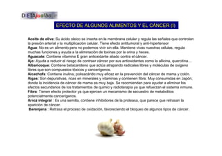 EFECTO DE ALGUNOS ALIMENTOS Y EL CÁNCER (I)
Aceite de oliva: Su ácido oleico se inserta en la membrana celular y regula las señales que controlan
la presión arterial y la multiplicación celular. Tiene efecto antitumoral y anti-hipertensor
Agua: No es un alimento pero no podemos vivir sin ella. Mantiene vivas nuestras células, regula
muchas funciones y ayuda a la eliminación de toxinas por la orina y heces.
Aguacate: Contiene vitamina E gran antioxidante aliado contra el cáncer.
Ajo: Ayuda a reducir el riesgo de contraer cáncer por sus antioxidantes como la allicina, quercitina…
Albaricoque: Contiene betacaroteno que actúa atrapando radicales libres y moléculas de oxigeno
libres que son compuestos tóxicos y cancerígenos.
Alcachofa: Contiene inulina, polisacárido muy eficaz en la prevención del cáncer de mama y colón.
Algas: Son depurativas, ricas en minerales y vitaminas y contienen fibra. Muy consumidas en Japón,
donde la incidencia de cáncer de mama es muy baja. Se recomiendan para ayudar a eliminar los
efectos secundarios de los tratamientos de quimio y radioterapia ya que refuerzan el sistema inmune.
Fibra: Tienen efecto protector ya que ejercen un mecanismo de secuestro de metabolitos
potencialmente cancerígenos.
Arroz integral : Es una semilla, contiene inhibidores de la proteasa, que parece que retrasan la
aparición de cáncer.
Berenjena : Retrasa el proceso de oxidación, favoreciendo el bloqueo de algunos tipos de cáncer.
 