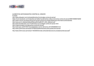 ALIMENTOS ANTIOXIDANTES CONTRA EL CÁNCER
Fuentes
http://www.efesalud.com/noticias/alimentos-funcionales-contra-el-cancer/
https://es-la.facebook.com/notes/dios-te-habla-hoy/alimentos-utiles-en-la-lucha-contra-el-cancer/298418466918209/
http://www.cancer.gov/espanol/cancer/causas-prevencion/riesgo/dieta/hoja-informativa-antioxidantes
http://www.pcrm.org/sites/default/files/pdfs/health/CP_ACS_Spanish.pdf
http://www.lavidalucida.com/14-alimentos-que-protegen-contra-el-cancer.html
http://mejorconsalud.com/alimentos-contra-el-cancer/
http://www.abc.es/20120513/sociedad/abci-cancer-alimentos-201205080846.html
http://www.20minutos.es/noticia/1970833/0/alimentos/escudos-proteccion/cancer/
http://www.20minutos.es/noticia/1183349/0/tomate-antioxidantes/cancer-prostata/cardiovascular/
 