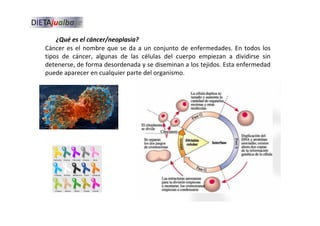 Cáncer es el nombre que se da a un conjunto de enfermedades. En todos los
tipos de cáncer, algunas de las células del cuerpo empiezan a dividirse sin
detenerse, de forma desordenada y se diseminan a los tejidos. Esta enfermedad
puede aparecer en cualquier parte del organismo.
¿Qué es el cáncer/neoplasia?
 