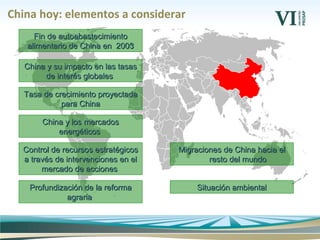 China hoy: elementos a considerar
Fin de autoabastecimientoFin de autoabastecimiento
alimentario de China en 2003alimentario de China en 2003
China y su impacto en las tasasChina y su impacto en las tasas
de interés globalesde interés globales
Tasa de crecimiento proyectadaTasa de crecimiento proyectada
para Chinapara China
China y los mercadosChina y los mercados
energéticosenergéticos
Control de recursos estratégicosControl de recursos estratégicos
a través de intervenciones en ela través de intervenciones en el
mercado de accionesmercado de acciones
Profundización de la reformaProfundización de la reforma
agrariaagraria
Migraciones de China hacia elMigraciones de China hacia el
resto del mundoresto del mundo
Situación ambientalSituación ambiental
 