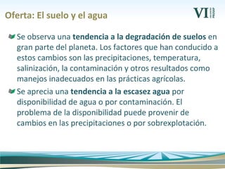 Oferta: El suelo y el agua
Se observa una tendencia a la degradación de suelos en
gran parte del planeta. Los factores que han conducido a
estos cambios son las precipitaciones, temperatura,
salinización, la contaminación y otros resultados como
manejos inadecuados en las prácticas agrícolas.
Se aprecia una tendencia a la escasez agua por
disponibilidad de agua o por contaminación. El
problema de la disponibilidad puede provenir de
cambios en las precipitaciones o por sobrexplotación.
 