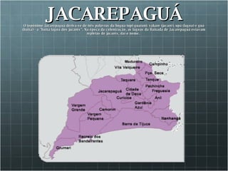 JACAREPAGUÁ O topônimo Jacarepaguá deriva-se de três palavras da língua tupi-guarani: yakare (jacaré), upá (lagoa) e guá (baixa) - a &quot;baixa lagoa dos jacarés&quot;. Na época da colonização, as lagoas da Baixada de Jacarepaguá estavam repletas de jacarés, daí o nome.  