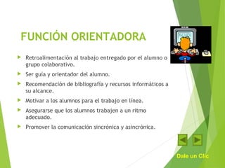  FUNCIÓN ORIENTADORA
 Retroalimentación al trabajo entregado por el alumno o
grupo colaborativo.
 Ser guía y orientador del alumno.
 Recomendación de bibliografía y recursos informáticos a
su alcance.
 Motivar a los alumnos para el trabajo en línea.
 Asegurarse que los alumnos trabajen a un ritmo
adecuado.
 Promover la comunicación sincrónica y asincrónica.
Dale un Clic
 