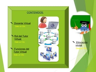  Docente Virtual
Dale un Clic
 Rol del Tutor
Virtual 4
Dale un Clic
 Funciones del
Tutor Virtual
Dale un Clic7
CONTENIDOS:
 Educación
virutal
Dale un Clic
 