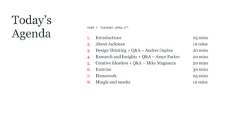 PART 1 - TUESDAY, APRIL 5TH
Today’s
Agenda 1. Introductions
2. About Jackman
3. Design Thinking + Q&A – Andres Ospina
4. Research and Insights + Q&A – Amye Parker
5. Creative Ideation + Q&A – Mike Magnacca
6. Exercise
7. Homework
8. Mingle and snacks
05 mins
10 mins
20 mins
20 mins
20 mins
30 mins
05 mins
10 mins
 