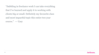 44
“Dabbling in freelance work I can take everything
that I’ve learned and apply it to working with
clients big or small. Definitely my favourite class
and most impactful topic this entire two year
course.”  —  Casy 
 