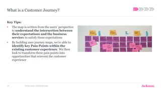 Rotman Design Thinking Workshop59
What is a Customer Journey?
Key Tips:
• The map is written from the users’ perspective
to understand the intersection between
their expectations and the business
services to satisfy those expectations
• By building user journey maps, we’re able to
identify key Pain Points within the
existing customer experience. We then
look to transform these pain points into
opportunities that reinvent the customer
experience
1 2 3 4
 