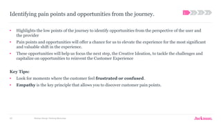 Rotman Design Thinking Workshop60
Identifying pain points and opportunities from the journey.
• Highlights the low points of the journey to identify opportunities from the perspective of the user and
the provider
• Pain points and opportunities will offer a chance for us to elevate the experience for the most significant
and valuable shift in the experience.
• These opportunities will help us focus the next step, the Creative Ideation, to tackle the challenges and
capitalize on opportunities to reinvent the Customer Experience
Key Tips:
• Look for moments where the customer feel frustrated or confused.
• Empathy is the key principle that allows you to discover customer pain points.
1 2 3 4
 