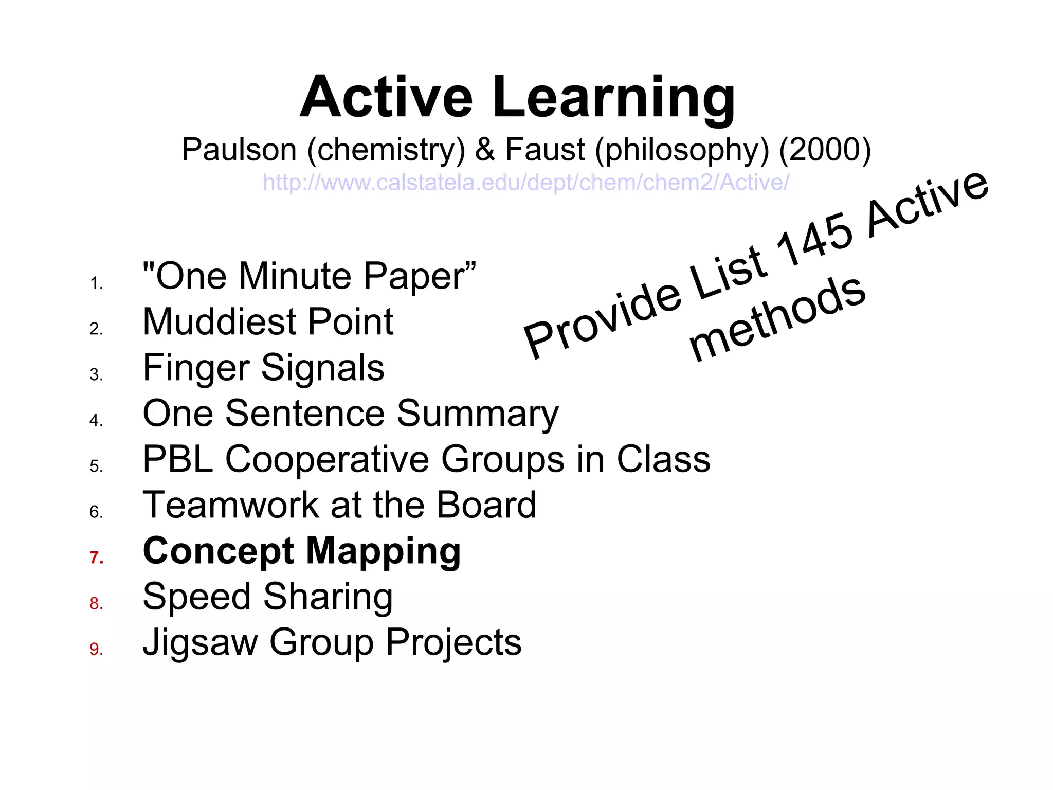 Provide List 145 Active
methods
Active Learning
Paulson (chemistry) & Faust (philosophy) (2000)
http://www.calstatela.edu/dept/chem/chem2/Active/
1. "One Minute Paper”
2. Muddiest Point
3. Finger Signals
4. One Sentence Summary
5. PBL Cooperative Groups in Class
6. Teamwork at the Board
7. Concept Mapping
8. Speed Sharing
9. Jigsaw Group Projects
 