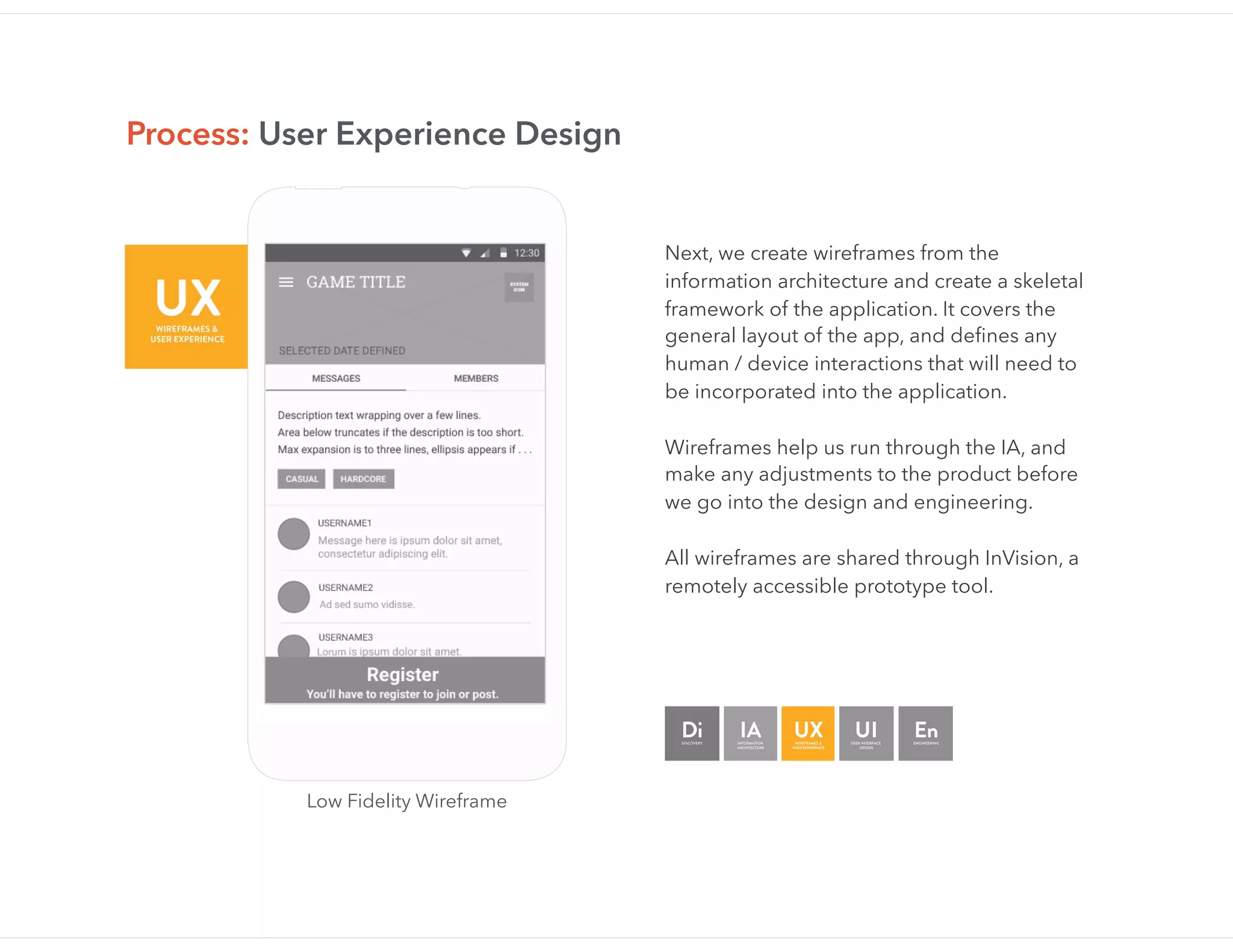 Low Fidelity Wireframe
Next, we create wireframes from the
information architecture and create a skeletal
framework of the application. It covers the
general layout of the app, and deﬁnes any
human / device interactions that will need to
be incorporated into the application.
Wireframes help us run through the IA, and
make any adjustments to the product before
we go into the design and engineering.
All wireframes are shared through InVision, a
remotely accessible prototype tool.
Process: User Experience Design
 