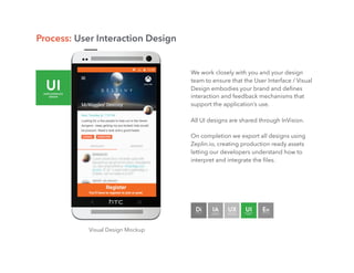 Visual Design Mockup
Process: User Interaction Design
We work closely with you and your design
team to ensure that the User Interface / Visual
Design embodies your brand and deﬁnes
interaction and feedback mechanisms that
support the application’s use.
All UI designs are shared through InVision.
On completion we export all designs using
Zeplin.io, creating production ready assets
letting our developers understand how to
interpret and integrate the ﬁles.
 