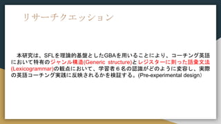 ꥵ`å
оϡSFLՓĻPȤGBAä뤳Ȥˤꡢ`ӢZ
ˤФΥ똋(Generic structure)ȥ쥸`˄täZķ
(Lexicogrammar)QˤơѧߣJRɤΤ褦ˉݤgH
ӢZ`󥰌g˷ӳ뤫^롣(Pre-experimental design
 