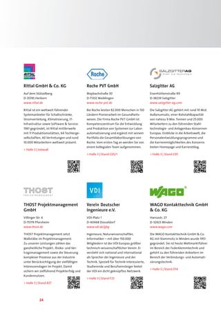 24
WAGO Kontakttechnik GmbH
 Co. KG
Hansastr. 27
D-32423 Minden
www.wago.com
Die WAGO Kontakttechnik GmbH  Co.
KG mit Stammsitz in Minden wurde 1951
gegründet. Sie ist heute Weltmarktführer
im Bereich der Federklemmtechnik und
gehört zu den führenden Anbietern im
Bereich der Verbindungs- und Automati-
sierungstechnik.
 Halle 3 | Stand D14
THOST Projektmanagement
GmbH
Villinger Str. 6
D-75179 Pforzheim
www.thost.de
THOST Projektmanagement setzt
Maßstäbe im Projektmanagement.
Zu unseren Leistungen zählen das
ganzheitliche Projekt-, Risiko- und Ver-
tragsmanagement sowie die Steuerung
komplexer Prozesse aus der Industrie
unter Berücksichtigung der vielfältigen
Interessenslagen im Projekt. Damit
sichern wir zielführend Projekterfolg und
Kundennutzen.
 Halle 3 | Stand B27
Salzgitter AG
Eisenhüttenstraße 99
D-38239 Salzgitter
www.salzgitter-ag.com
Die Salzgitter AG gehört mit rund 10 Mrd.
Außenumsatz, einer Rohstahlkapazität
von nahezu 9 Mio. Tonnen und 25.000
Mitarbeitern zu den führenden Stahl-
technologie- und Anlagenbau-Konzernen
Europas. Einblicke in die Arbeitswelt, die
Personalentwicklungsprogramme und
die Karrieremöglichkeiten des Konzerns
bieten Homepage und Karriereblog.
 Halle 3 | Stand C05
Roche PVT GmbH
Maybachstraße 30
D-71332 Waiblingen
www.roche-pvt.de
Bei Roche leisten 82.000 Menschen in 150
Ländern Pionierarbeit im Gesundheits-
wesen. Die Firma Roche PVT GmbH ist
Kompetenzzentrum für die Entwicklung
und Produktion von Systemen zur Labor-
automatisierung und ergänzt mit seinem
Portfolio die Gesamtlaborlösungen von
Roche. Vom ersten Tag an werden Sie von
einem kollegialen Team aufgenommen.
 Halle 3 | Stand C05/1
Verein Deutscher
Ingenieure e.V.
VDI-Platz 1
D-40468 Düsseldorf
www.vdi.de/gbg
Ingenieure, Naturwissenschaftler,
Informatiker – mit über 150.000
Mitgliedern ist der VDI Europas größter
technisch-wissenschaftlicher Verein. Er
versteht sich national und international
als Sprecher der Ingenieure und der
Technik. Speziell für Technik-interessierte,
Studierende und Berufseinsteiger bietet
der VDI ein dicht geknüpftes Netzwerk.
 Halle 3 | Stand F23
Rittal GmbH  Co. KG
Auf dem Stützelberg
D-35745 Herborn
www.rittal.de
Rittal ist ein weltweit führender
Systemanbieter für Schaltschränke,
Stromverteilung, Klimatisierung, IT-
Infrastruktur sowie Software  Service.
1961 gegründet, ist Rittal mittlerweile
mit 11 Produktionsstätten, 64 Tochterge-
sellschaften, 40 Vertretungen und rund
10.000 Mitarbeitern weltweit präsent.
 Halle 3 | Jobwall
 