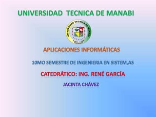 UNIVERSIDAD  TECNICA DE MANABI APLICACIONES INFORMÁTICAS 10MO SEMESTRE DE INGENIERIA EN SISTEM,AS Catedrático: Ing. René García Jacinta Chávez  