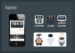 Tapbots



          CONVERTBOT   CALCBOT   WEIGHTBOT
 