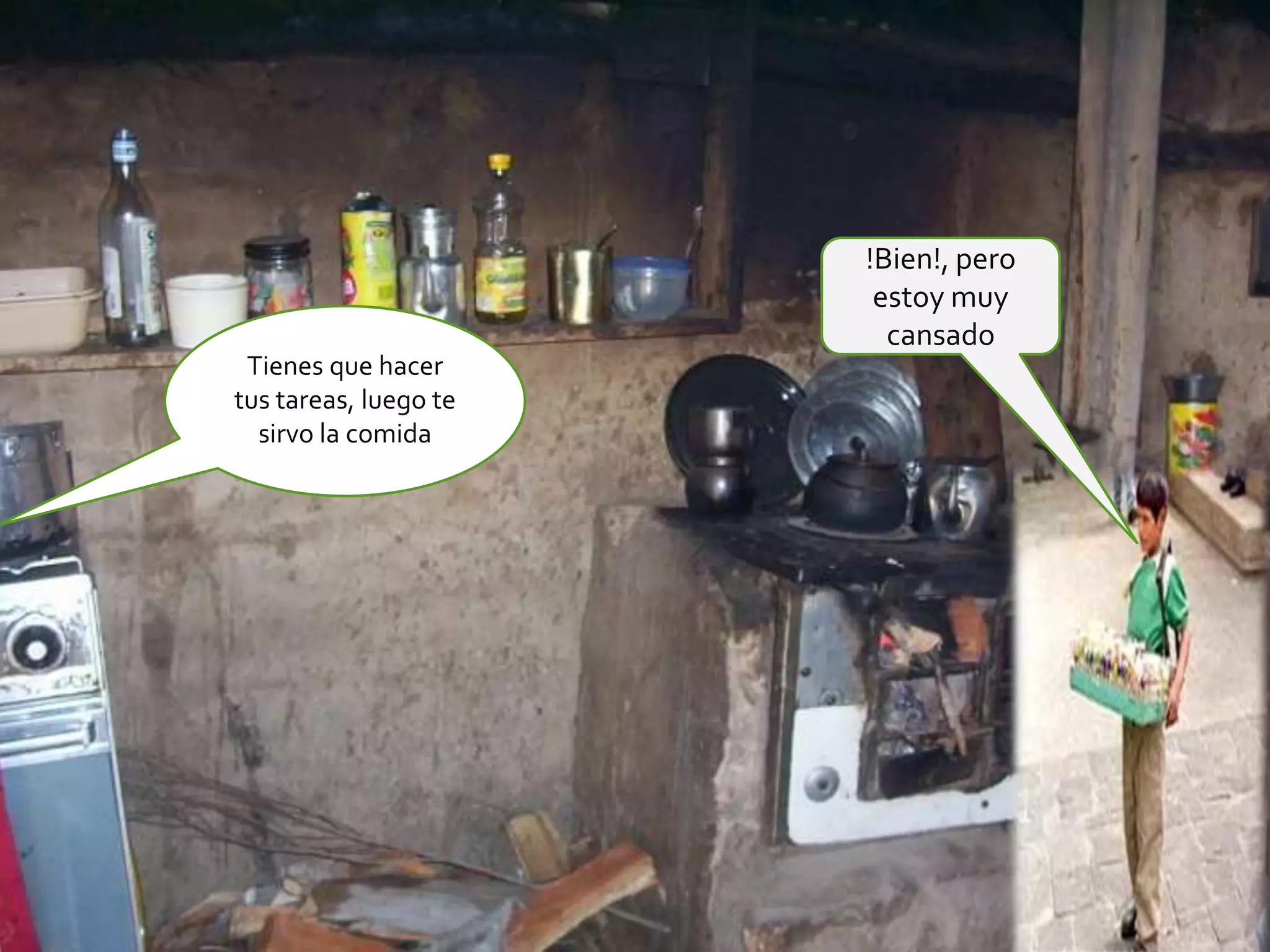 !Bien!, pero
                        estoy muy
                         cansado
 Tienes que hacer
tus tareas, luego te
  sirvo la comida
 