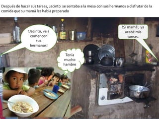 Después de hacer sus tareas, Jacinto se sentaba a la mesa con sus hermanos a disfrutar de la
comida que su mamá les había preparado



                                                                         !Si mamá!, ya
                !Jacinto, ve a                                             acabé mis
                  comer con                                                  tareas.
                     tus
                  hermanos!

                                      Tenía
                                     mucho
                                     hambre
 