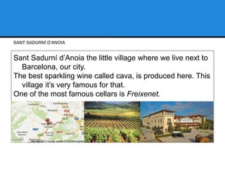 SANT SADURNÍ D’ANOIA
Sant Sadurní d’Anoia the little village where we live next to
Barcelona, our city.
The best sparkling wine called cava, is produced here. This
village it’s very famous for that.
One of the most famous cellars is Freixenet.
 