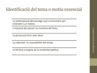 Identificació del tema o motiu essencial
Antologiadepoesiacatalana
La contemplació del paisatge com a instrument per
entendre's un mateix.
L'evocació del passat i la incertesa del futur.
La persecució d'un món ideal.
La caducitat i la insaciabilitat del temps.
La fal·làcia o engany de la creativitat poètica.
 