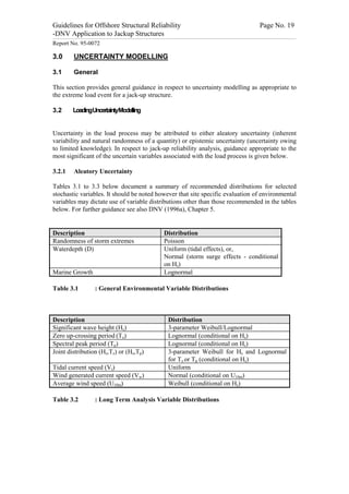 Guidelines for Offshore Structural Reliability                                                                                                                                                                                                                                                                                                                                 Page No. 19
-DNV Application to Jackup Structures
------------------------------------------------------------------------------------------------------------------------------------------------------------------------------------------------------------------------------------------------------------------------------------------------------------------------------------------------------------------------------------------------------------------------------------------------


Report No. 95-0072

3.0                                  UNCERTAINTY MODELLING

3.1                                  General

This section provides general guidance in respect to uncertainty modelling as appropriate to
the extreme load event for a jack-up structure.

3.2                                LoadingUncertaintyModelling


Uncertainty in the load process may be attributed to either aleatory uncertainty (inherent
variability and natural randomness of a quantity) or epistemic uncertainty (uncertainty owing
to limited knowledge). In respect to jack-up reliability analysis, guidance appropriate to the
most significant of the uncertain variables associated with the load process is given below.

3.2.1                                Aleatory Uncertainty

Tables 3.1 to 3.3 below document a summary of recommended distributions for selected
stochastic variables. It should be noted however that site specific evaluation of environmental
variables may dictate use of variable distributions other than those recommended in the tables
below. For further guidance see also DNV (1996a), Chapter 5.


Description                                                                                                                                                                                          Distribution
Randomness of storm extremes                                                                                                                                                                         Poisson
Waterdepth (D)                                                                                                                                                                                       Uniform (tidal effects), or,
                                                                                                                                                                                                     Normal (storm surge effects - conditional
                                                                                                                                                                                                     on Hs)
Marine Growth                                                                                                                                                                                        Lognormal

Table 3.1                                                                  : General Environmental Variable Distributions



Description                                                                                                                                                                                                 Distribution
Significant wave height (Hs)                                                                                                                                                                                3-parameter Weibull/Lognormal
Zero up-crossing period (Tz)                                                                                                                                                                                Lognormal (conditional on Hs)
Spectral peak period (Tp)                                                                                                                                                                                   Lognormal (conditional on Hs)
Joint distribution (Hs,Tz) or (Hs,Tp)                                                                                                                                                                       3-parameter Weibull for Hs and Lognormal
                                                                                                                                                                                                            for Tz or Tp (conditional on Hs)
Tidal current speed (Vt)                                                                                                                                                                                    Uniform
Wind generated current speed (Vw)                                                                                                                                                                           Normal (conditional on U10m)
Average wind speed (U10m)                                                                                                                                                                                   Weibull (conditional on Hs)

Table 3.2                                                                  : Long Term Analysis Variable Distributions
 