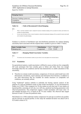 Guidelines for Offshore Structural Reliability                                                                                                                                                                                                                                                                                                                                 Page No. 22
-DNV Application to Jackup Structures
------------------------------------------------------------------------------------------------------------------------------------------------------------------------------------------------------------------------------------------------------------------------------------------------------------------------------------------------------------------------------------------------------------------------------------------------


Report No. 95-0072


Damping Source                                                                                                                                                                                                                           Global Damping
                                                                                                                                                                                                                                       (% of critical damping)
Structure, holding system etc.                                                                                                                                                                                                                    2%
Foundation                                                                                                                                                                                                                                   2% or 0% 1
Hydrodynamic                                                                                                                                                                                                                                 3% or 0% 2

Table 3.6                                                                  : Table of Recommend Critical Damping
KEY :
1:                                   Where a non-linear foundation model is adopted the hysteresis foundation damping will be accounted for directly and should not be
                                     included in the global damping.
2:                                   In cases where the Morison, relative velocity formulation is utilised the hydrodynamic damping will be accounted for directly and should
                                     not be included in the global damping.




Guidance to selection of distribution type and distribution parameters for random damping
uncertainty factor associated with the response basic variables is given in Table 3.7 below.

Basic Variable Name                                                                                                                                                                                  Distribution                                                                             m1                                   C.o.V.
Damping ratio                                                                                                                                                                                        Lognormal                                                                                1.0                                  0.25

Table 3.7                                                                  : Damping Model Uncertainty Variables
KEY :
1:                                   The absolute value of the distribution variables are given relative to the value applied in the structural analysis.



3.3.3                                Foundation

For geotechnical analysis, model uncertainty is difficult to assess as there are few comparable
full scale prototypes that have actually gone to failure and where there was enough
knowledge about the site conditions and the load characteristics to enable calculation of the
uncertainty.

·                 Therefore to evaluate model uncertainty, comparisons of relevant scaled model tests with
                  deterministic calculations, expert opinions and information from literature, in addition to
                  any field observations that are available for similar structures on comparable soil
                  conditions, are normally utilised.

Using "traditional" analysis methods to undertake the bearing capacity analysis of the
spudcan of a jack-up foundation results in large model uncertainties, as was documented by
Endley et al. (1981). They compared, for 70 case studies on soft clays and 15 case studies on
layered profiles consisting of soft clay over stiff clay, predicted rig footing penetration with
observed penetrations. The comparisons suggest a model uncertainty with mean value 1.0
and standard deviation 0.33, as based on the 70 cases studied. The observed data ranged
between 0.4 and 1.55 times the predicted values.

McClelland et al. (1982) undertook similar comparisons for jack-ups on uniform clay profiles
and for jack-ups on layered profiles. In this study the standard deviation was about 0.20 to
0.25 about a mean of 1.0.
 