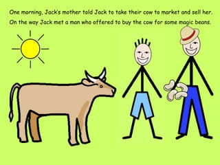 One morning, Jack’s mother told Jack to take their cow to market and sell her.  On the way Jack met a man who offered to buy the cow for some magic beans. 