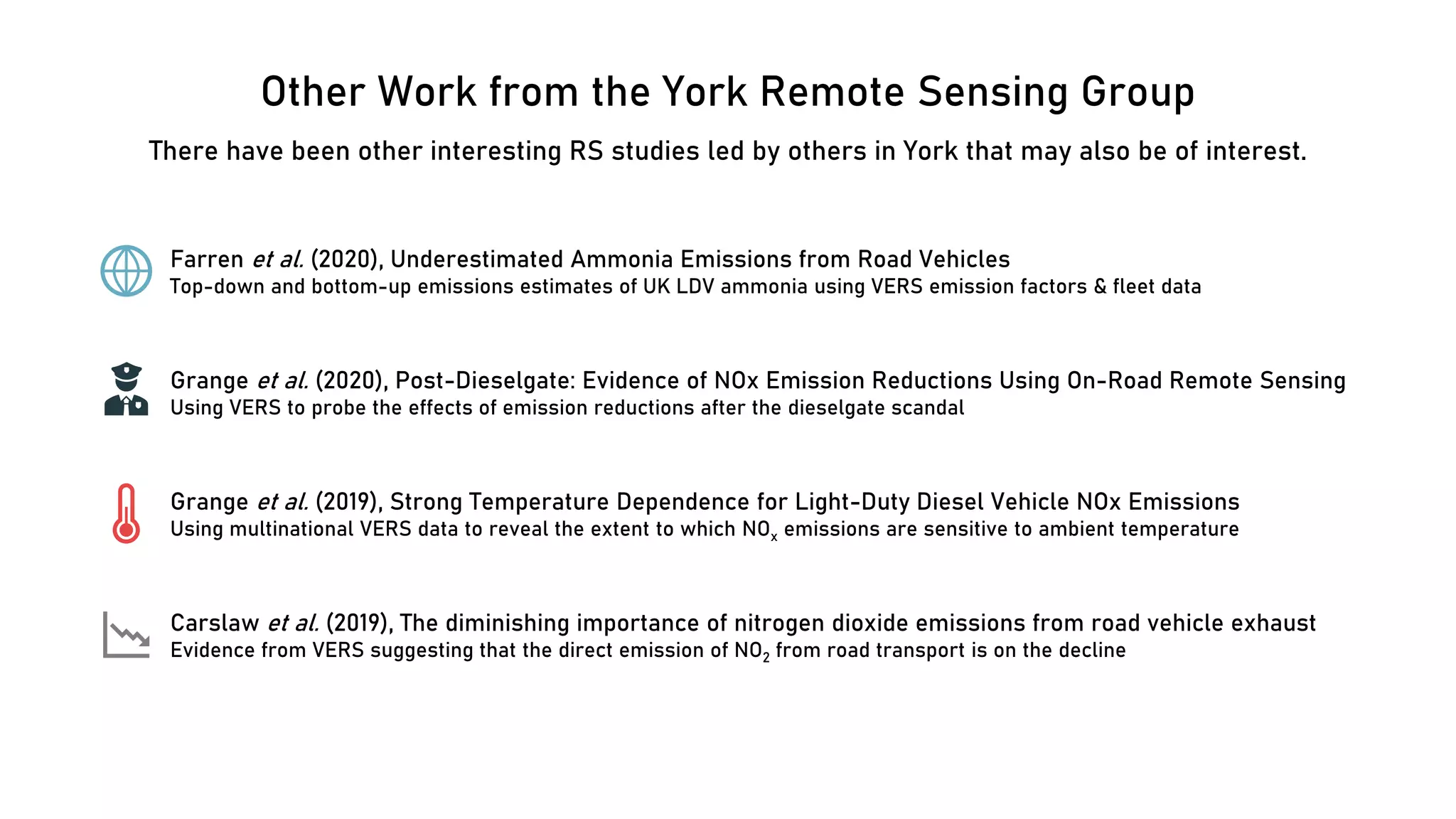 Other Work from the York Remote Sensing Group
There have been other interesting RS studies led by others in York that may also be of interest.
Grange et al. (2020), Post-Dieselgate: Evidence of NOx Emission Reductions Using On-Road Remote Sensing
Using VERS to probe the effects of emission reductions after the dieselgate scandal
Grange et al. (2019), Strong Temperature Dependence for Light-Duty Diesel Vehicle NOx Emissions
Using multinational VERS data to reveal the extent to which NOx emissions are sensitive to ambient temperature
Carslaw et al. (2019), The diminishing importance of nitrogen dioxide emissions from road vehicle exhaust
Evidence from VERS suggesting that the direct emission of NO2 from road transport is on the decline
Farren et al. (2020), Underestimated Ammonia Emissions from Road Vehicles
Top-down and bottom-up emissions estimates of UK LDV ammonia using VERS emission factors & fleet data
 
