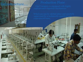 Our Company is equipped with highly
sophisticated imported machineries.
Which are run by skilled labor and carefully
supervised by a technically qualified and
experienced team.
Production Floor
Infrastructure….
 