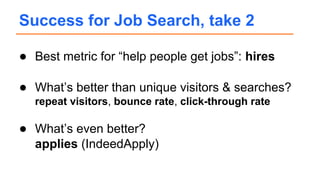 ● Best metric for “help people get jobs”: hires
● What’s better than unique visitors & searches?
repeat visitors, bounce rate, click-through rate
● What’s even better?
applies (IndeedApply)
Success for Job Search, take 2
 