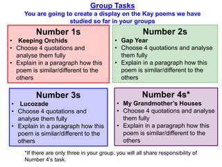 Group Tasks
You are going to create a display on the Kay poems we have
studied so far in your groups
Number 1s
• Keeping Orchids
• Choose 4 quotations and
analyse them fully
• Explain in a paragraph how this
poem is similar/different to the
others
Number 2s
• Gap Year
• Choose 4 quotations and analyse
them fully
• Explain in a paragraph how this
poem is similar/different to the
others
Number 3s
• Lucozade
• Choose 4 quotations and
analyse them fully
• Explain in a paragraph how this
poem is similar/different to the
others
Number 4s*
• My Grandmother’s Houses
• Choose 4 quotations and analyse
them fully
• Explain in a paragraph how this
poem is similar/different to the
others
*If there are only three in your group, you will all share responsibility of
Number 4’s task.
 