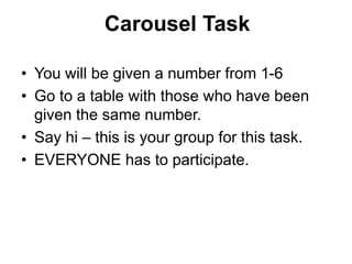 Carousel Task
• You will be given a number from 1-6
• Go to a table with those who have been
given the same number.
• Say hi – this is your group for this task.
• EVERYONE has to participate.
 