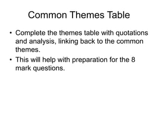 Common Themes Table
• Complete the themes table with quotations
and analysis, linking back to the common
themes.
• This will help with preparation for the 8
mark questions.
 