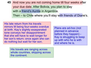 And now you are not coming home till four weeks after
your due date. After Bolivia, you plan to stay
with a friend’s Auntie in Argentina.
Then – to Chile where you’ll stay with friends of Diane’s.
His late return from his travels
mirrors M being four-weeks overdue
at birth. Kay’s slightly exasperated
tone conveys her disappointment
that she will have to wait longer for
her son’s return; once again she can
do nothing but wait for her son.
His travels are ranging across
whole countries, skipping across
the continent.
Plans are ad-hoc (not
planned in advance
before they happen) -
Kay is struggling to keep
up with who he is with
and where he is.
45
 