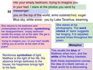 into your empty bedroom, trying to imagine you
in your bed. I stare at the photos you send by
messenger:
you on the top of the world, arms outstretched, eager.
Blue sky, white snow; you by Lake Tararhua, beaming.
She returns to his bedroom and
contemplates its emptiness - symbolising
her disappointment. ‘empty bedroom’
recalls the empty cot at the start. We get a
sense of empty nest syndrome.
‘trying to imagine you / in your bed’ recalls
‘willing you to arrive’ at the start of the
poem.
She stares at his
photographs. The word
choice of ‘stare’ suggests
her longing. It is repeated
several times throughout the
poem.
55
Metaphor
This recalls the blue of
Matthew when born, and the
white of the fleecy blankets.
Both these expressions convey
the idea of a blank canvas, a
fresh world he is discovering.
Reinforces symbolism of light.
Matthew is the light of her life. His
absence brings darkness to the
house; his happiness brings light
to his face.
 