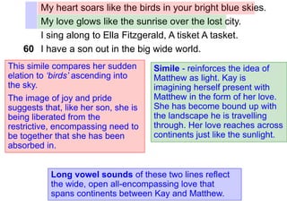 My heart soars like the birds in your bright blue skies.
My love glows like the sunrise over the lost city.
I sing along to Ella Fitzgerald, A tisket A tasket.
I have a son out in the big wide world.
This simile compares her sudden
elation to ‘birds’ ascending into
the sky.
The image of joy and pride
suggests that, like her son, she is
being liberated from the
restrictive, encompassing need to
be together that she has been
absorbed in.
Simile - reinforces the idea of
Matthew as light. Kay is
imagining herself present with
Matthew in the form of her love.
She has become bound up with
the landscape he is travelling
through. Her love reaches across
continents just like the sunlight.
60
Long vowel sounds of these two lines reflect
the wide, open all-encompassing love that
spans continents between Kay and Matthew.
 