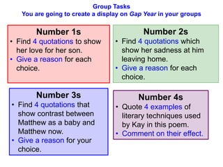 Group Tasks
You are going to create a display on Gap Year in your groups
Number 1s
• Find 4 quotations to show
her love for her son.
• Give a reason for each
choice.
Number 2s
• Find 4 quotations which
show her sadness at him
leaving home.
• Give a reason for each
choice.
Number 3s
• Find 4 quotations that
show contrast between
Matthew as a baby and
Matthew now.
• Give a reason for your
choice.
Number 4s
• Quote 4 examples of
literary techniques used
by Kay in this poem.
• Comment on their effect.
 