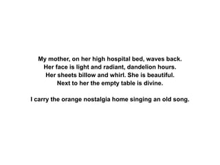My mother, on her high hospital bed, waves back.
Her face is light and radiant, dandelion hours.
Her sheets billow and whirl. She is beautiful.
Next to her the empty table is divine.
I carry the orange nostalgia home singing an old song.
 